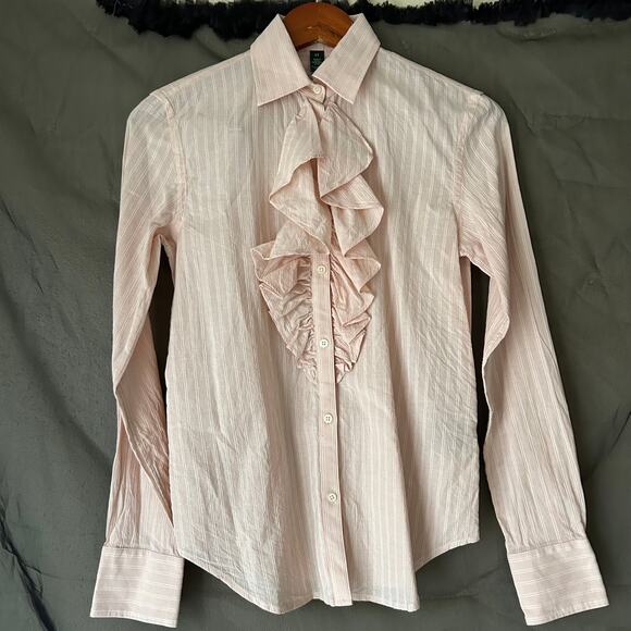 Lauren Ralph Lauren Pinky Peach Pinstripe Ruffle Neck Button Down Blouse Size XS - Picture 2 of 7
